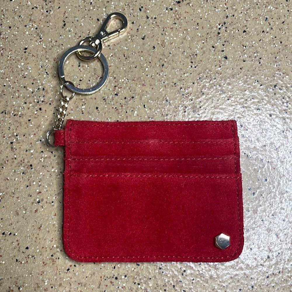 Red Suede Leather Credit Card Key Chain Wallet